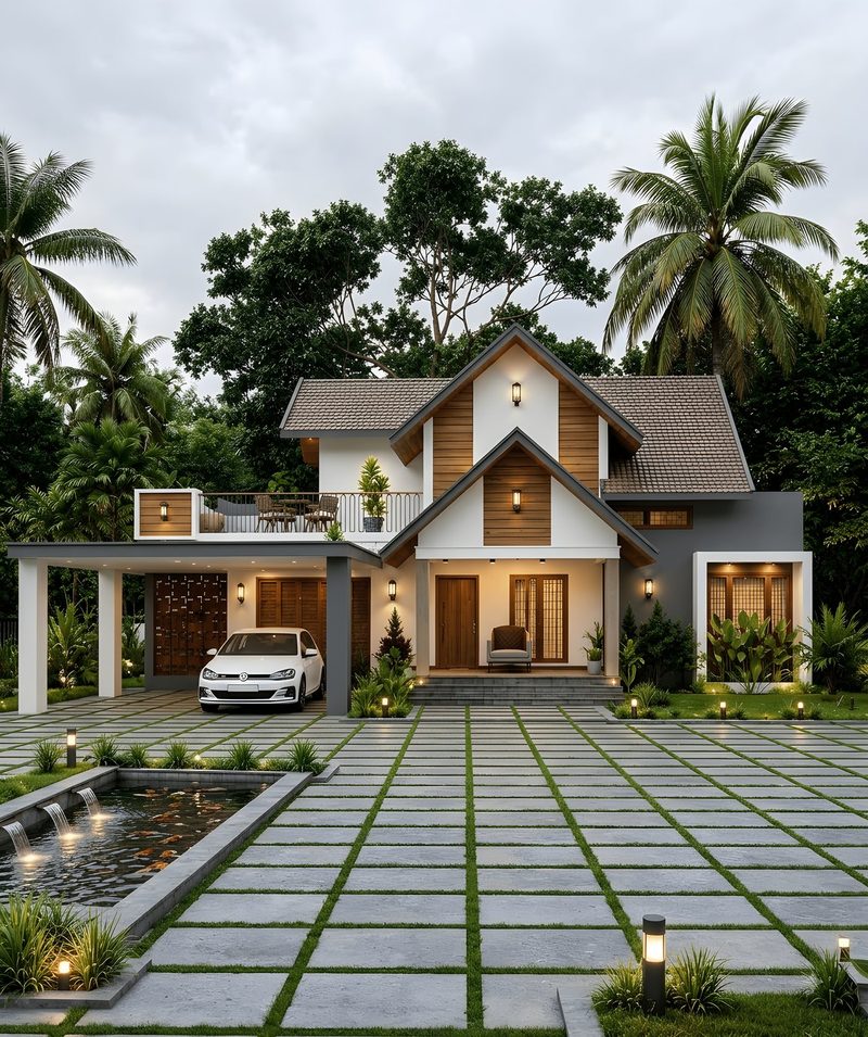 Modern pitched-roof home with timber cladding, paved courtyard and reflecting pool