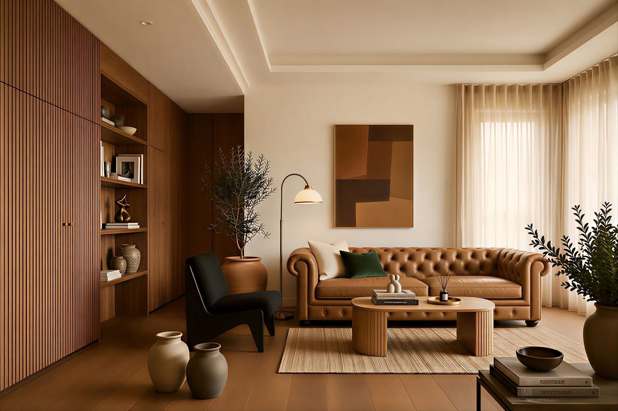 Warm, wood-panelled living room with a tan leather sofa and linen curtains
