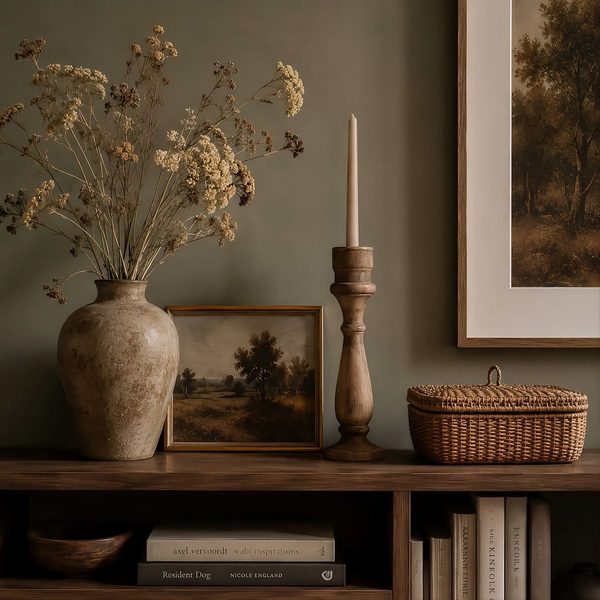 Styled shelf with dried flowers, a candle holder and a framed landscape painting