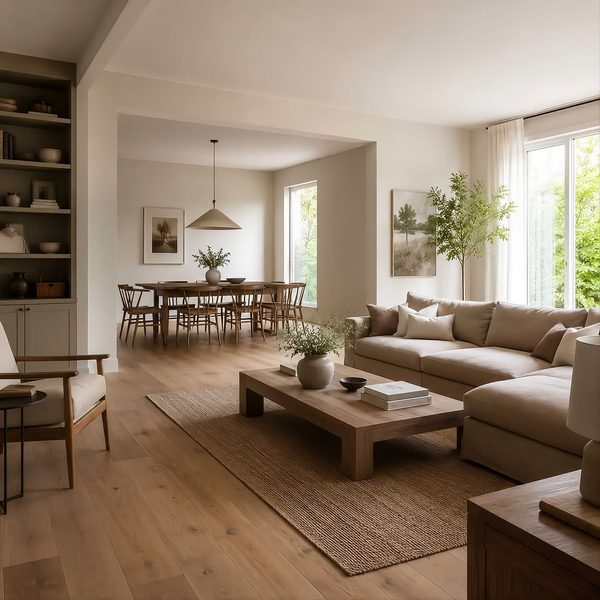 Open-plan living and dining area with a low timber coffee table and jute rug
