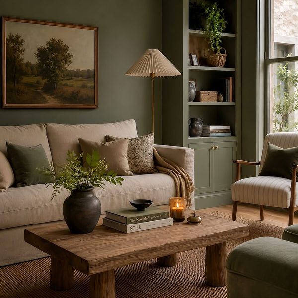 Sage green living room with a linen sofa, rustic coffee table and built-in shelving