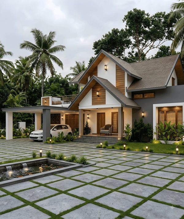 Home exterior with paved courtyard, lawn joints and a landscaped water feature