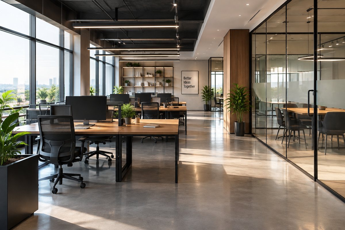 Open-plan office with timber desks, polished concrete floor and black steel partitions