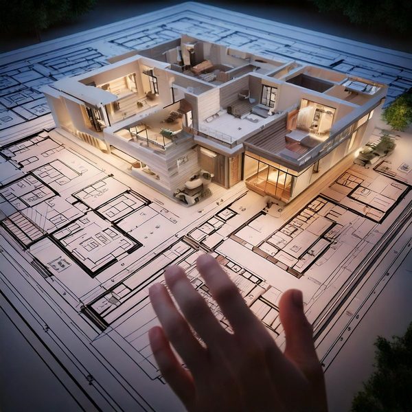 Architectural floor plans with a 3D cutaway model of a house