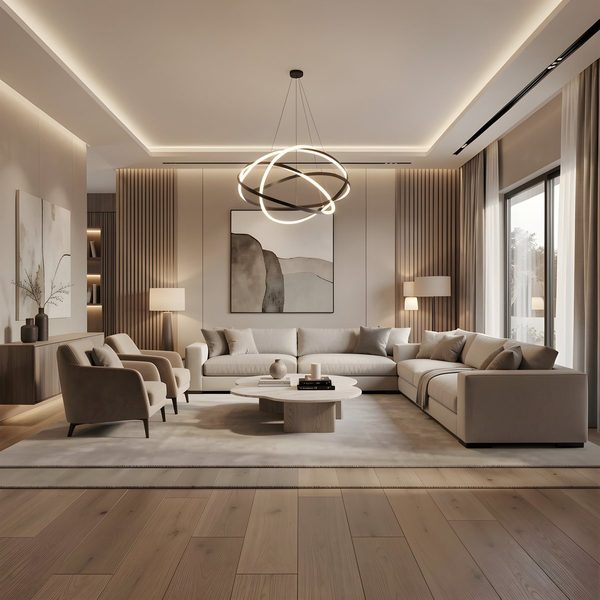 Neutral living room with a sculptural ring chandelier, slatted wall panels and a corner sofa