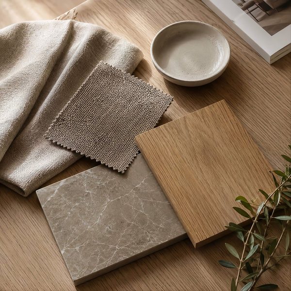 Fabric, oak and stone material samples laid on a timber surface